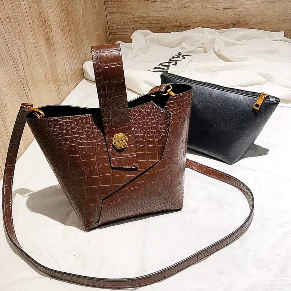 Brown 2Pcs Alligator Bucket Bag Set